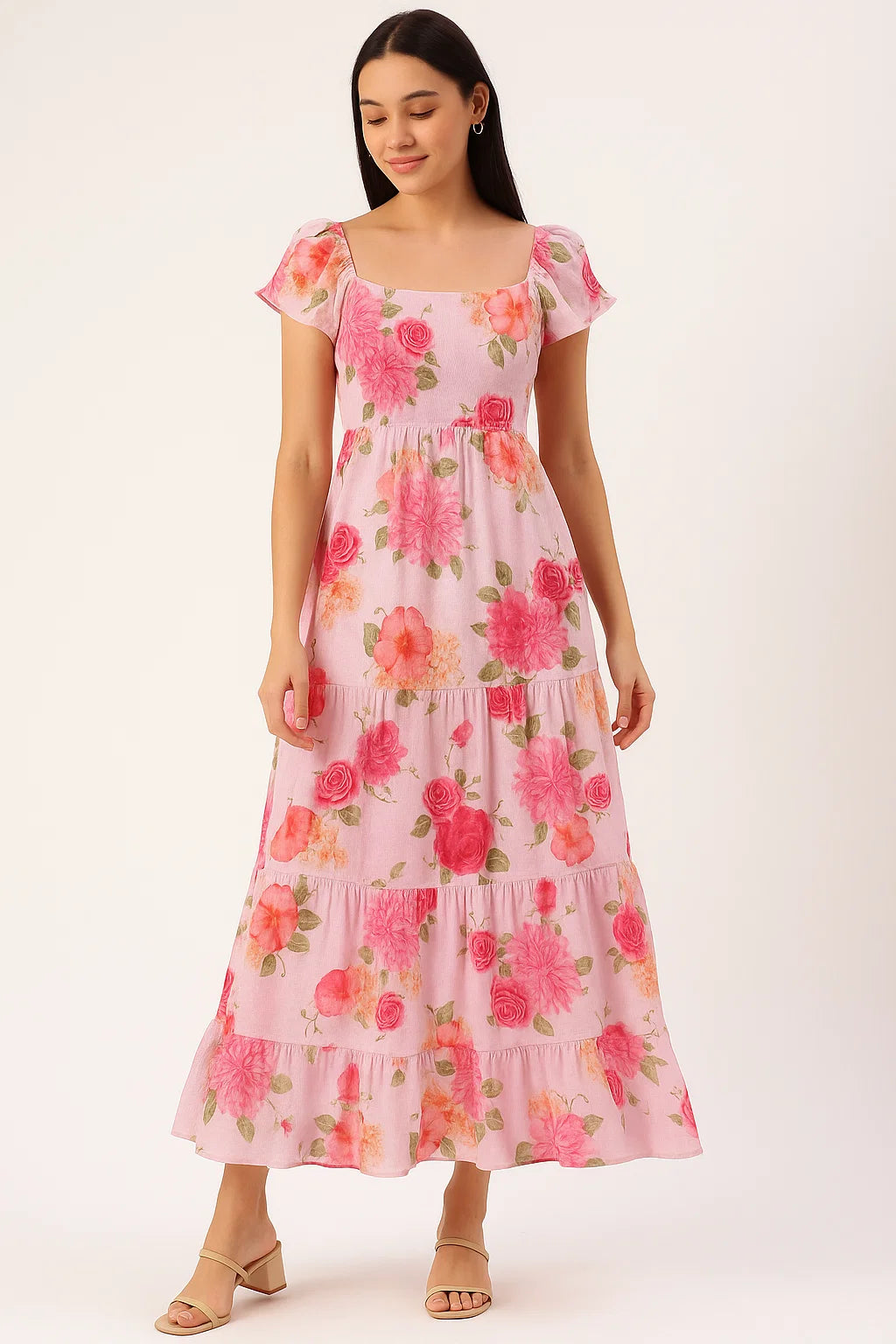 Simple And Beautiful Roses With Pink Lotus Digital Printed Fabric - Pure Cotton