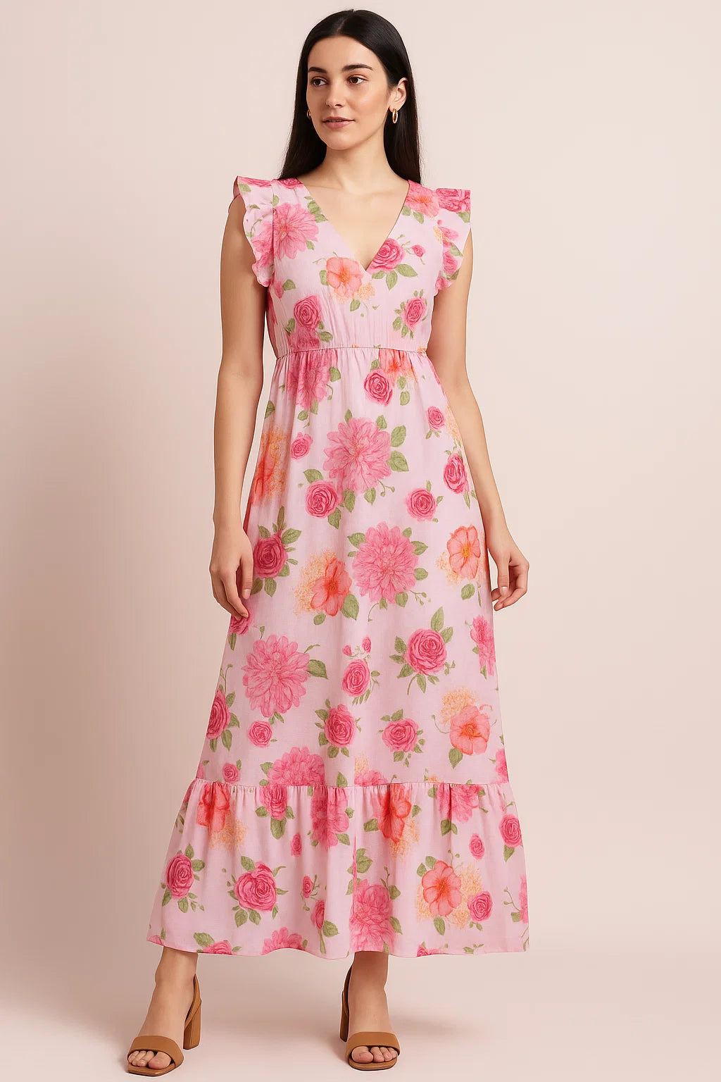 Simple And Beautiful Roses With Pink Lotus Digital Printed Fabric - Pure Cotton