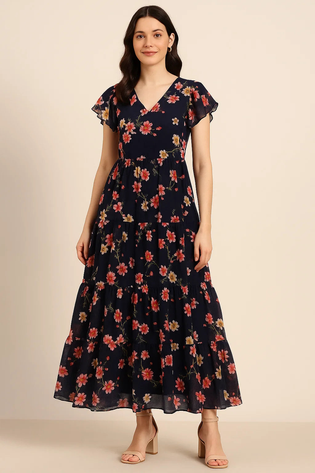 Tiny Colorfull Orchids Floral With Blue Background Digital Printed Fabric - Pure Cotton