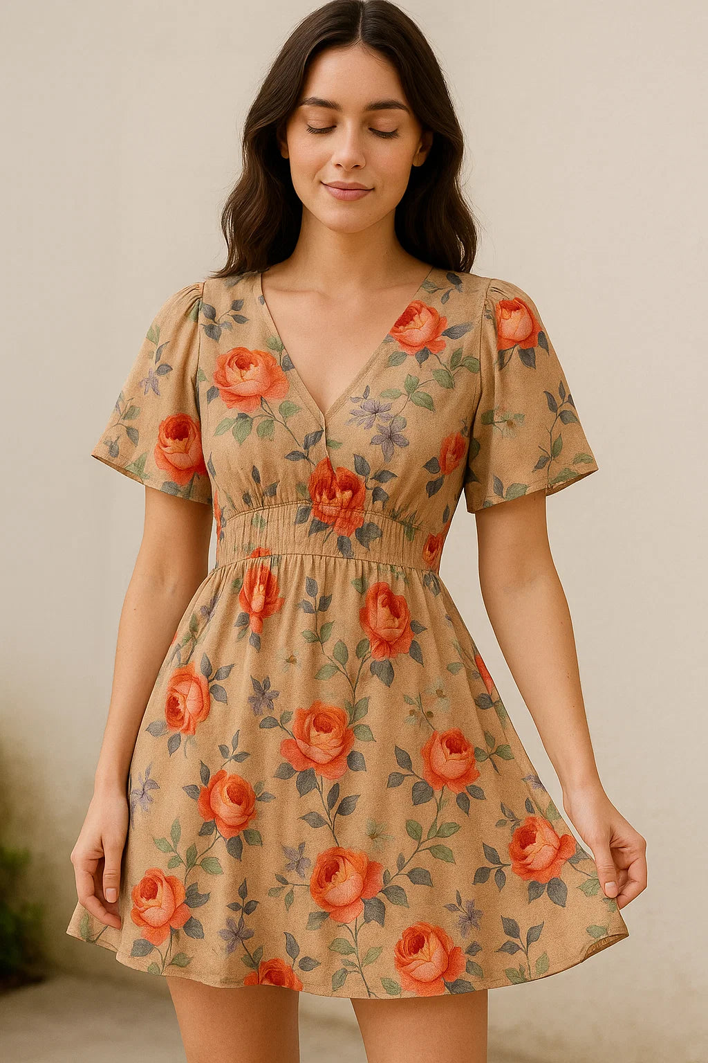 Blooming Orange Roses With Purple Floral Digital Printed Fabric - Pure Cotton