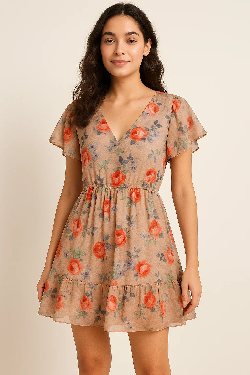 Blooming Orange Roses With Purple Floral Digital Printed Fabric - Pure Cotton