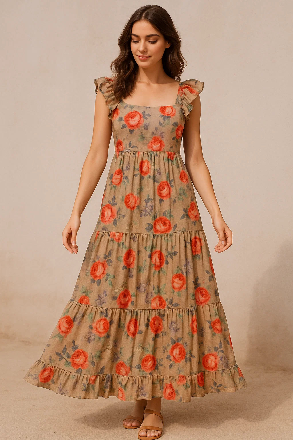 Blooming Orange Roses With Purple Floral Digital Printed Fabric - Pure Cotton