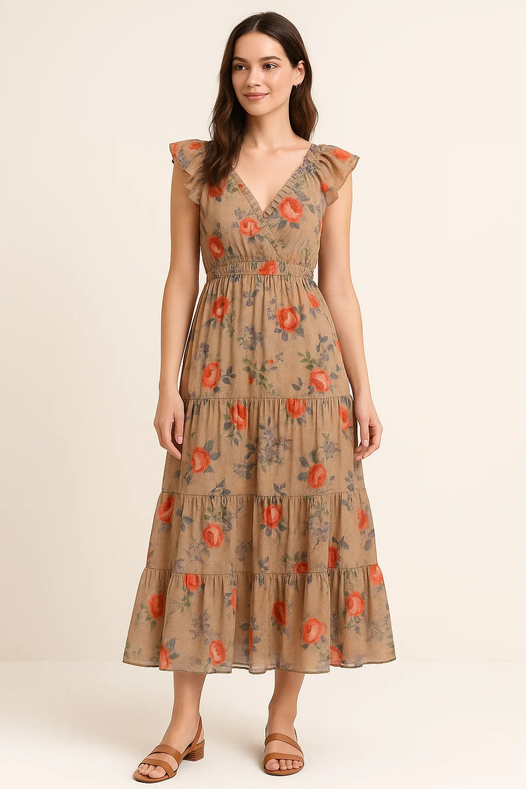 Blooming Orange Roses With Purple Floral Digital Printed Fabric - Pure Cotton