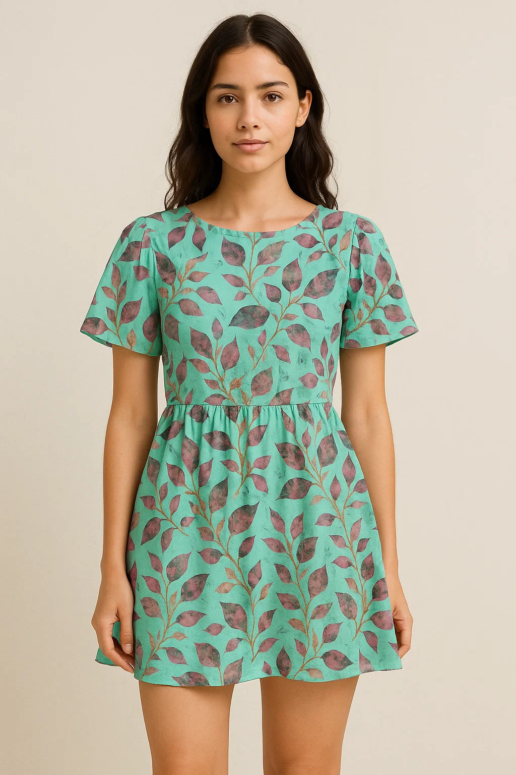 Watercolour Autumnal Leaves With Green Sprinkle Digital Printed Fabric - Pure Cotton