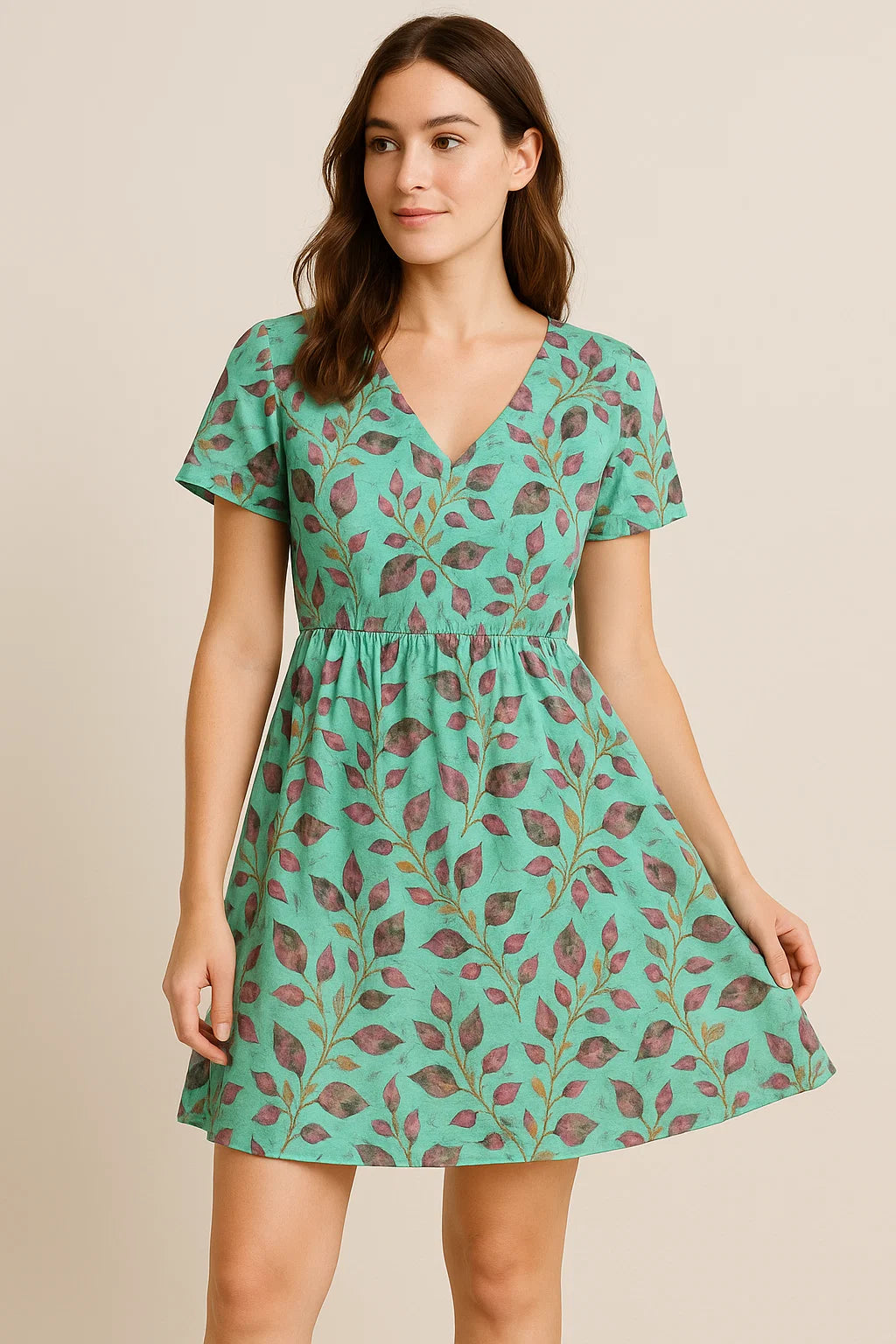 Watercolour Autumnal Leaves With Green Sprinkle Digital Printed Fabric - Pure Cotton