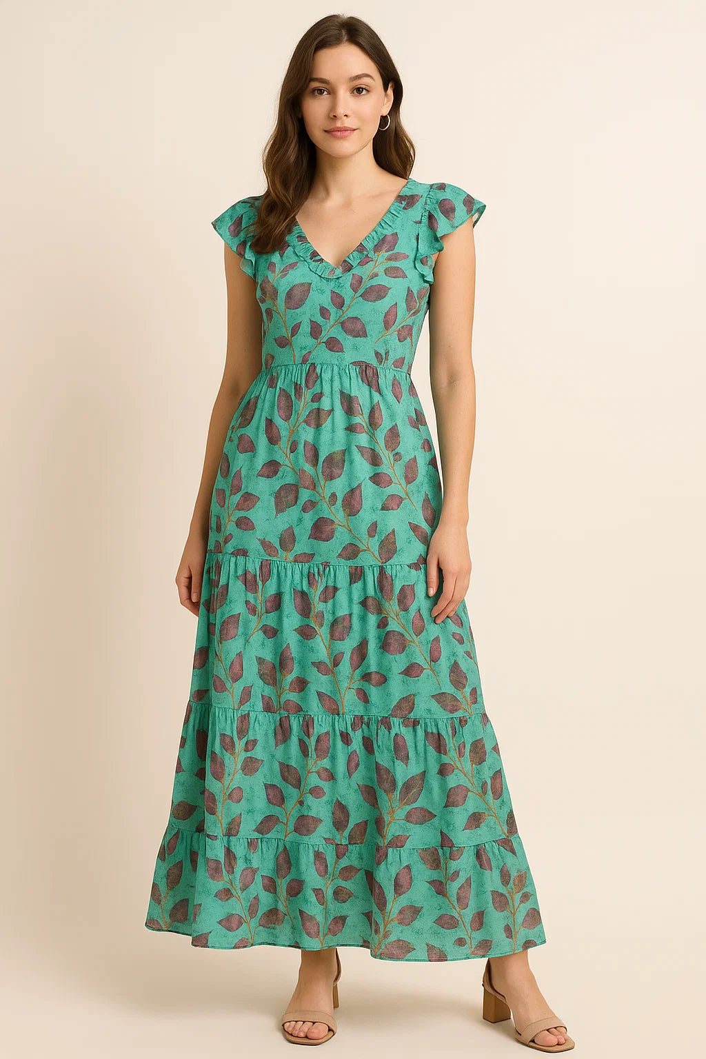 Watercolour Autumnal Leaves With Green Sprinkle Digital Printed Fabric - Pure Cotton