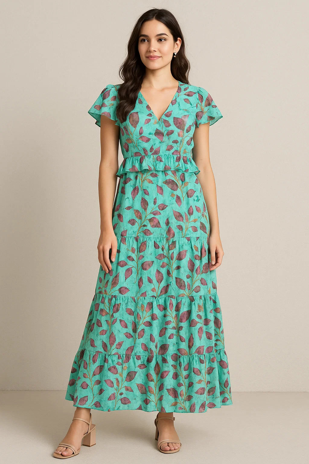 Watercolour Autumnal Leaves With Green Sprinkle Digital Printed Fabric - Pure Cotton