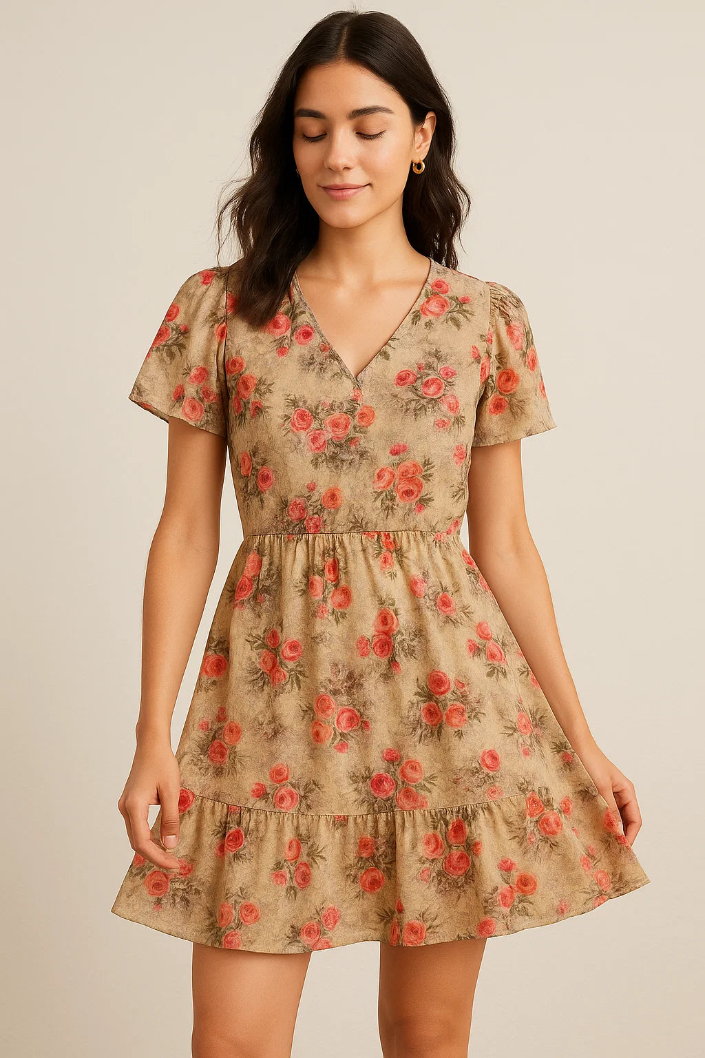 Vintage Art Of Roses With Leaves Digital Printed Fabric - Pure Cotton