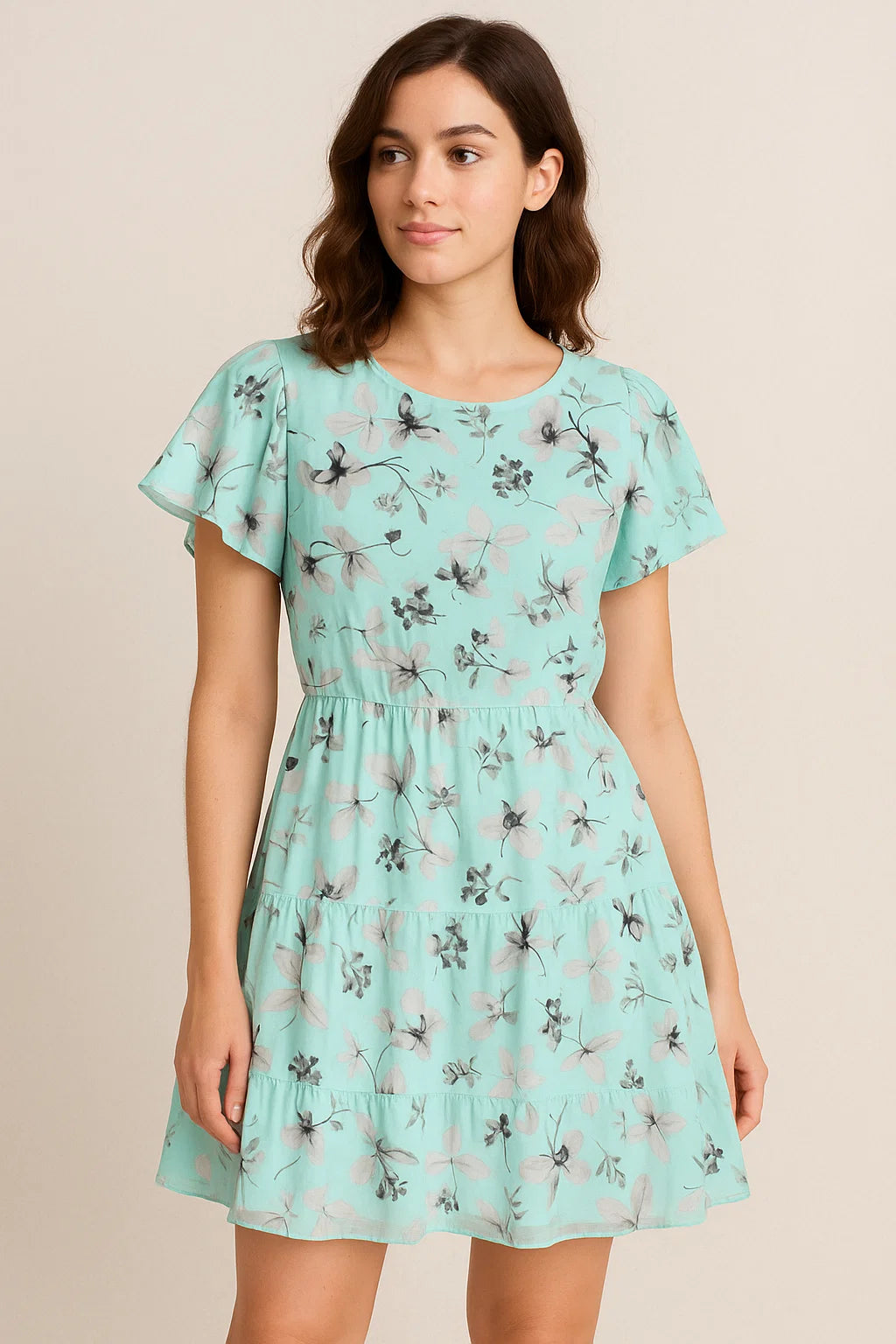 Morden Grey Leaves With Branch Digital Printed Fabric - Pure Cotton