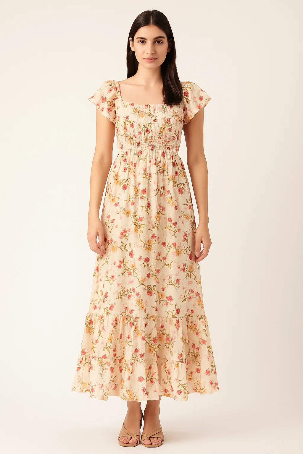 Beautiful Peach Calico Flowed Digital Printed Fabric - Cotton