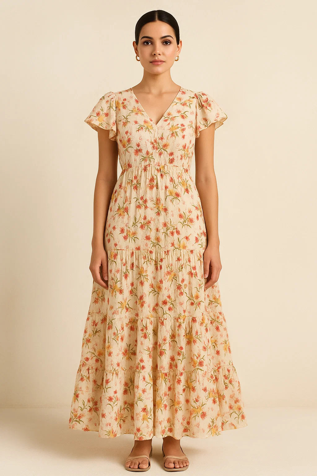 Beautiful Peach Calico Flowed Digital Printed Fabric - Cotton