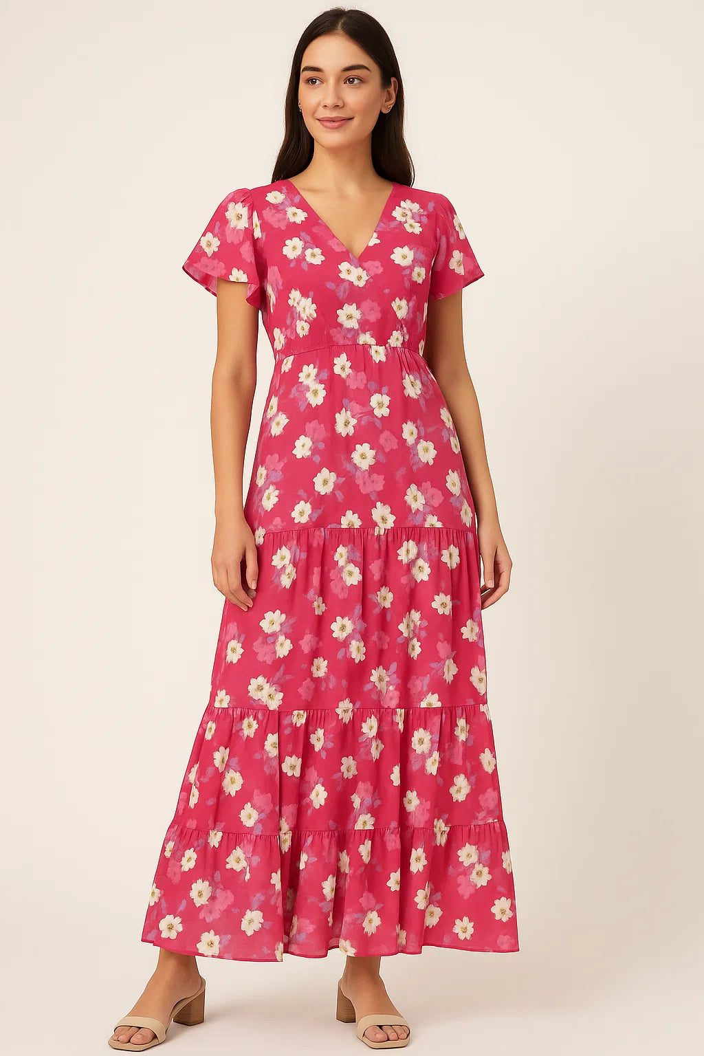 Attractive White Daffodil Flower Digital Printed Fabric - Cotton