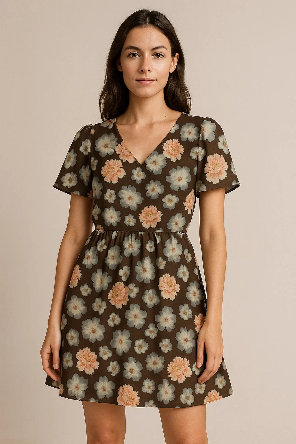 Blooming Orange Roses With Grey Digital Printed Fabric - Cotton