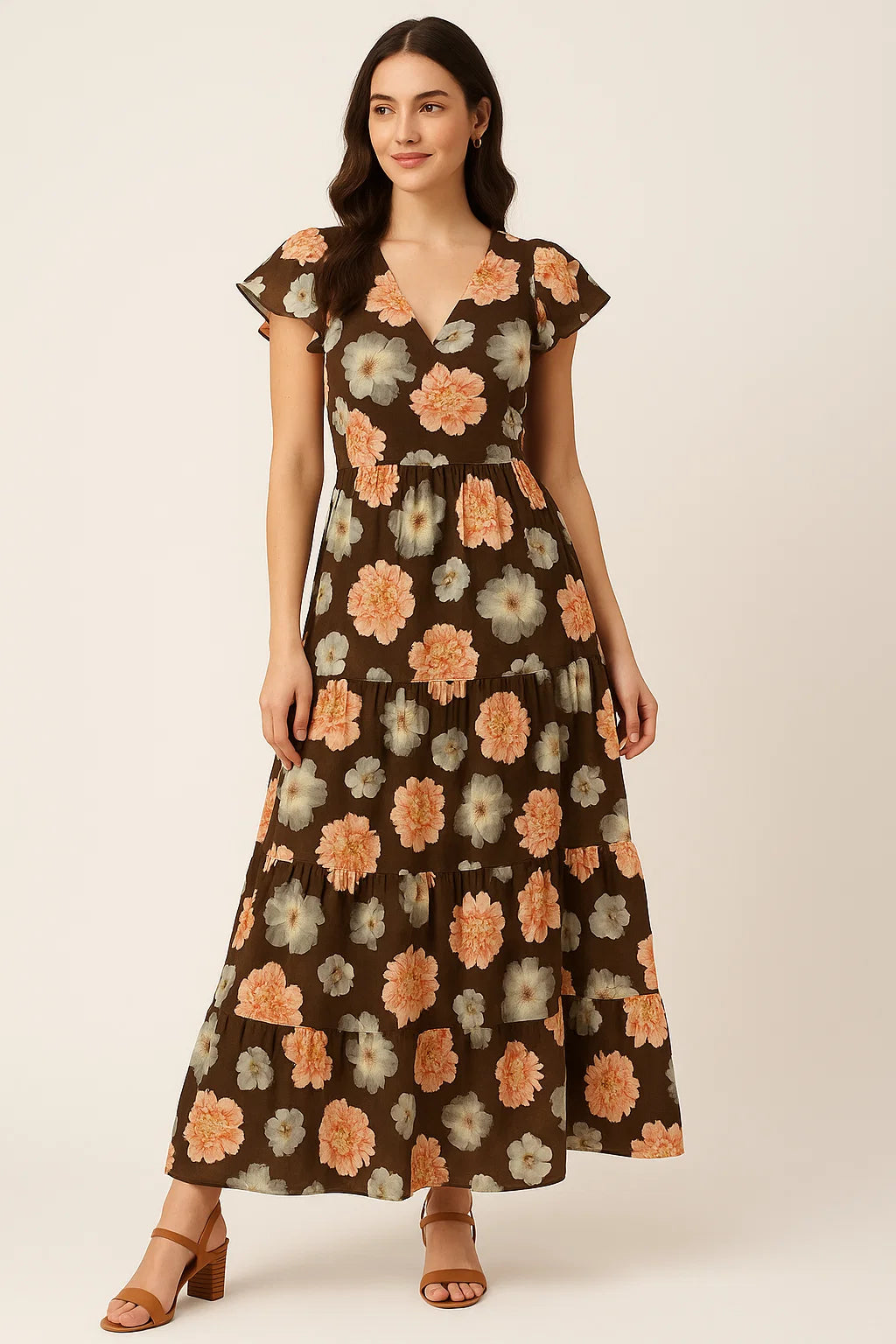 Blooming Orange Roses With Grey Digital Printed Fabric - Cotton