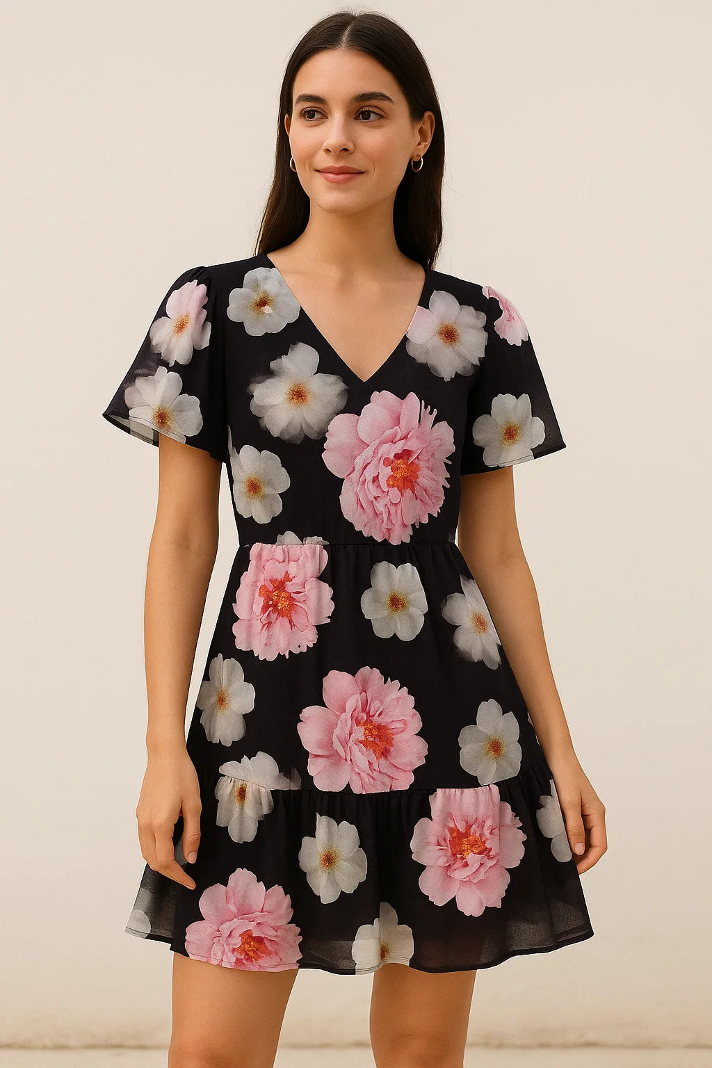 Attractive Pink Roses With Grey Digital Printed Fabric - Cotton