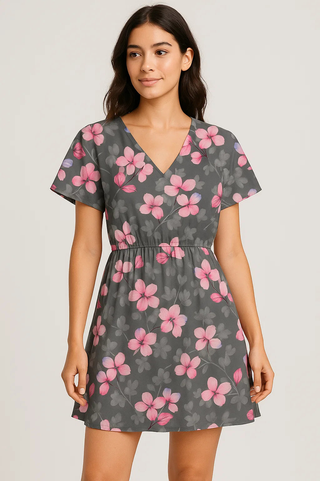 Pink Orchid Flower With Grey Background Digital Printed Fabric - Cotton