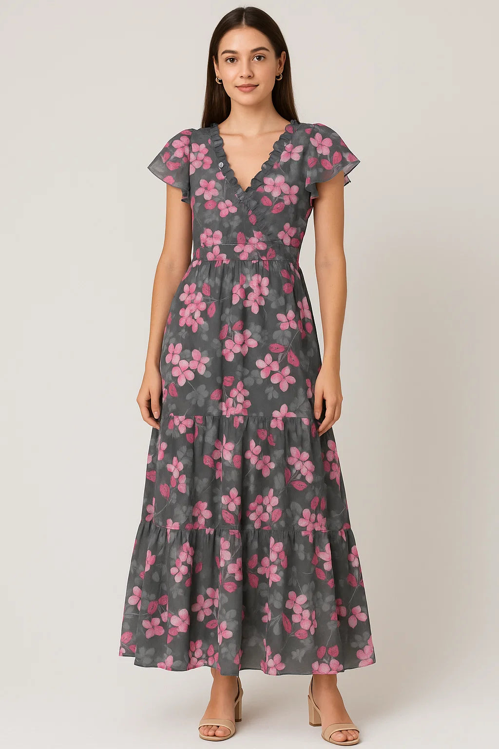 Pink Orchid Flower With Grey Background Digital Printed Fabric - Cotton