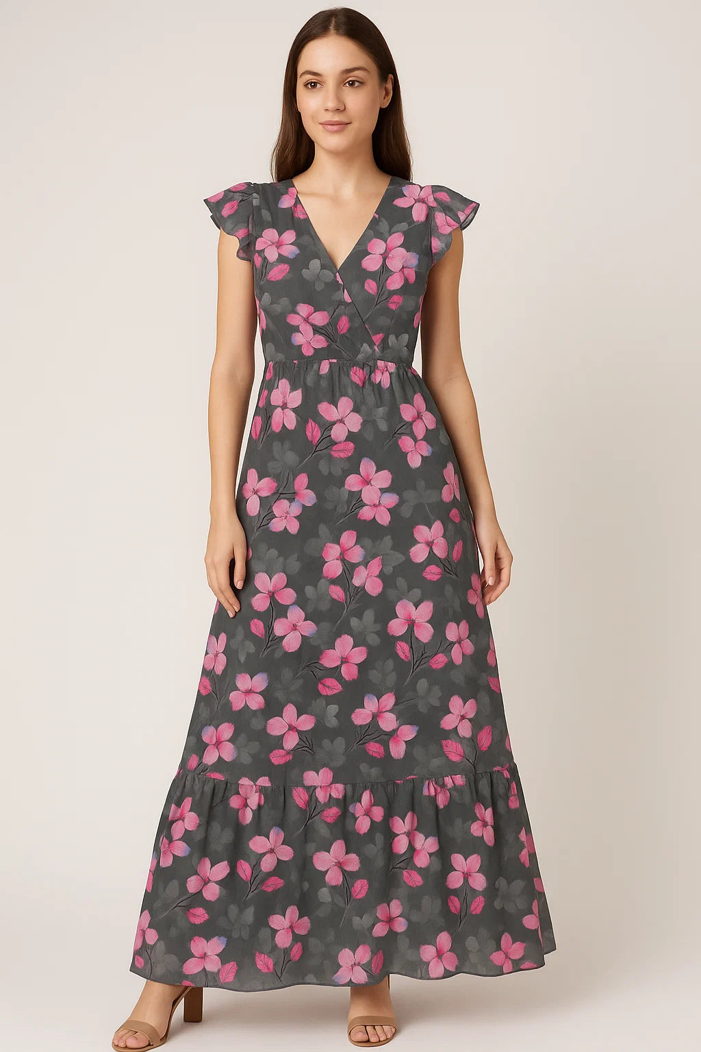 Pink Orchid Flower With Grey Background Digital Printed Fabric - Cotton