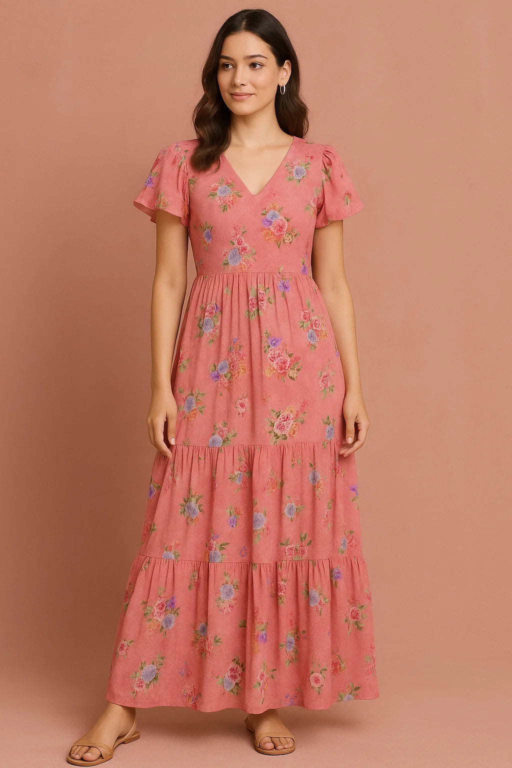 Dusky Pink With Zinnia Flower Digital Printed Fabric - Cotton