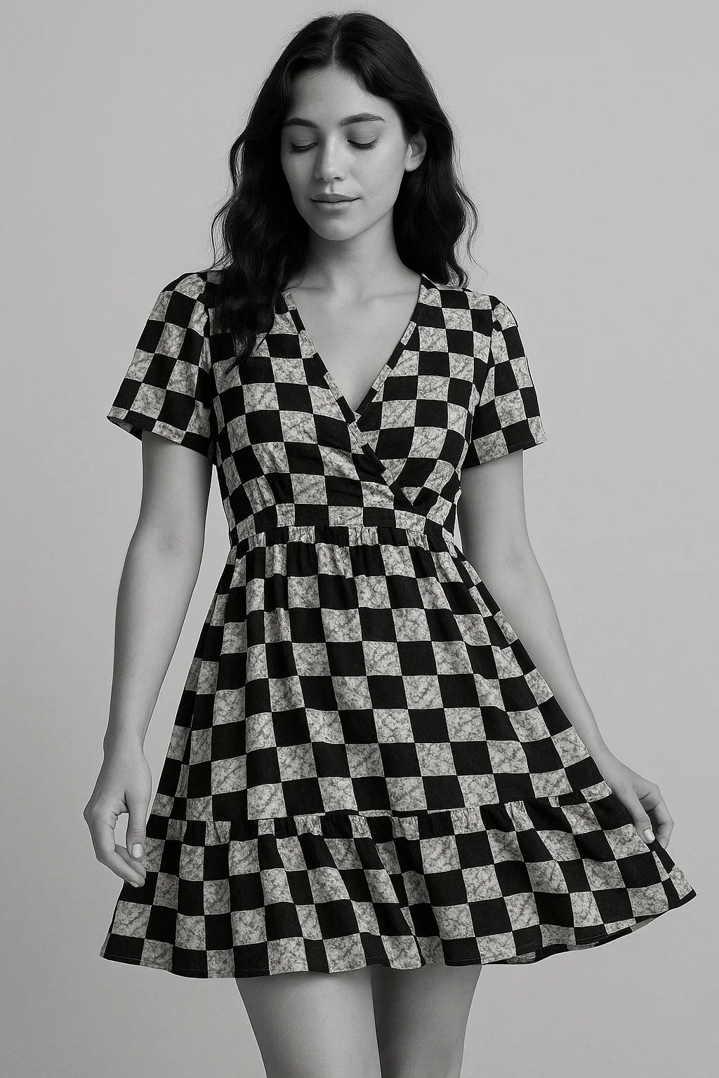 Smoky Black And White Cheques Colour Digital Printed Fabric - Cotton