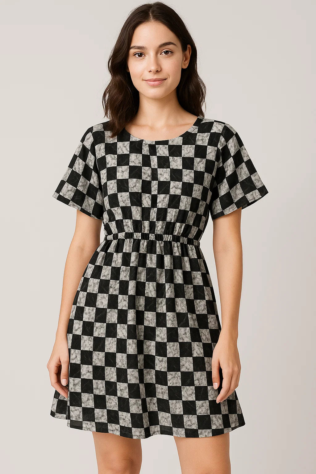 Smoky Black And White Cheques Colour Digital Printed Fabric - Cotton