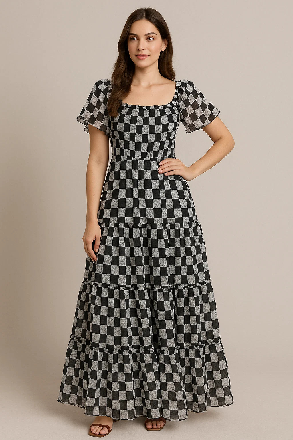 Smoky Black And White Cheques Colour Digital Printed Fabric - Cotton