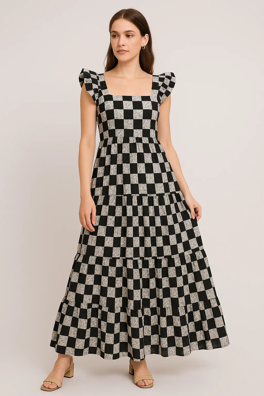 Smoky Black And White Cheques Colour Digital Printed Fabric - Cotton