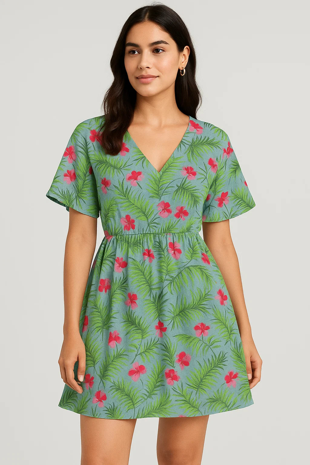 Tropical Leaves Pink Hibiscus Flower Digital Printed Fabric - Cotton