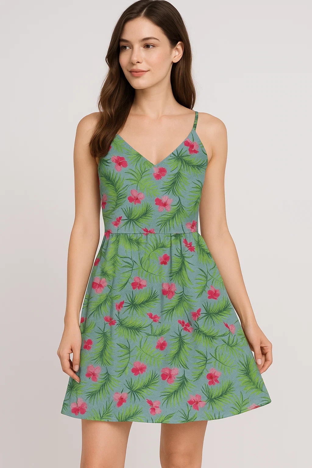 Tropical Leaves Pink Hibiscus Flower Digital Printed Fabric - Cotton