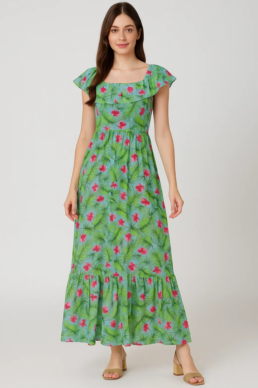 Tropical Leaves Pink Hibiscus Flower Digital Printed Fabric - Cotton