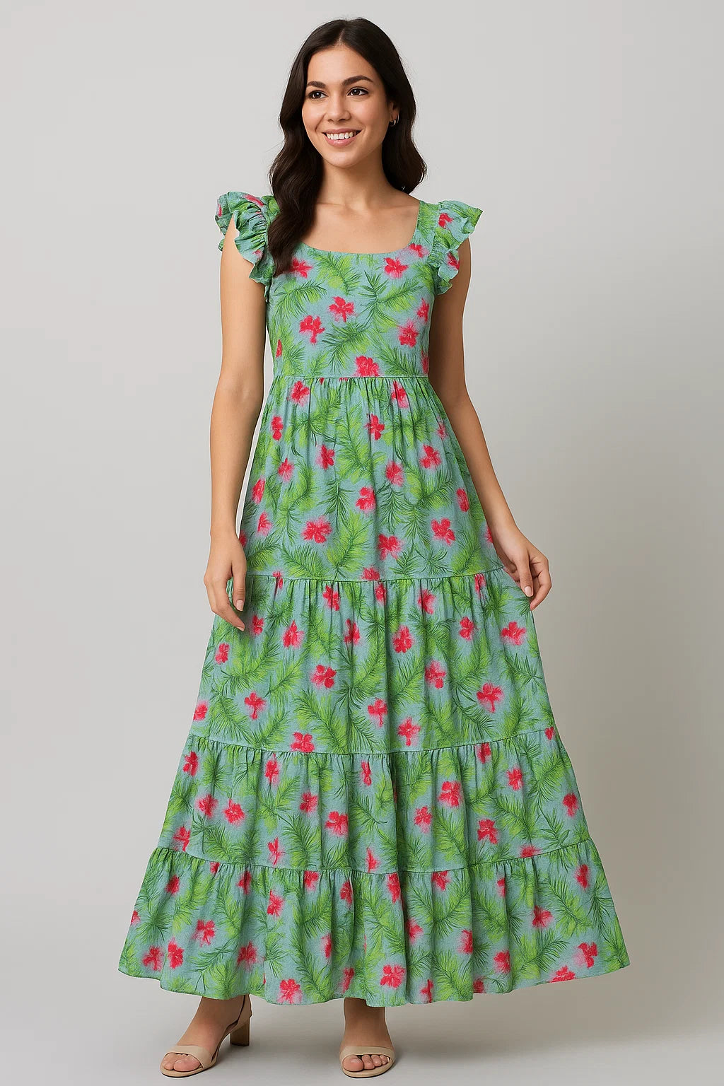 Tropical Leaves Pink Hibiscus Flower Digital Printed Fabric - Cotton