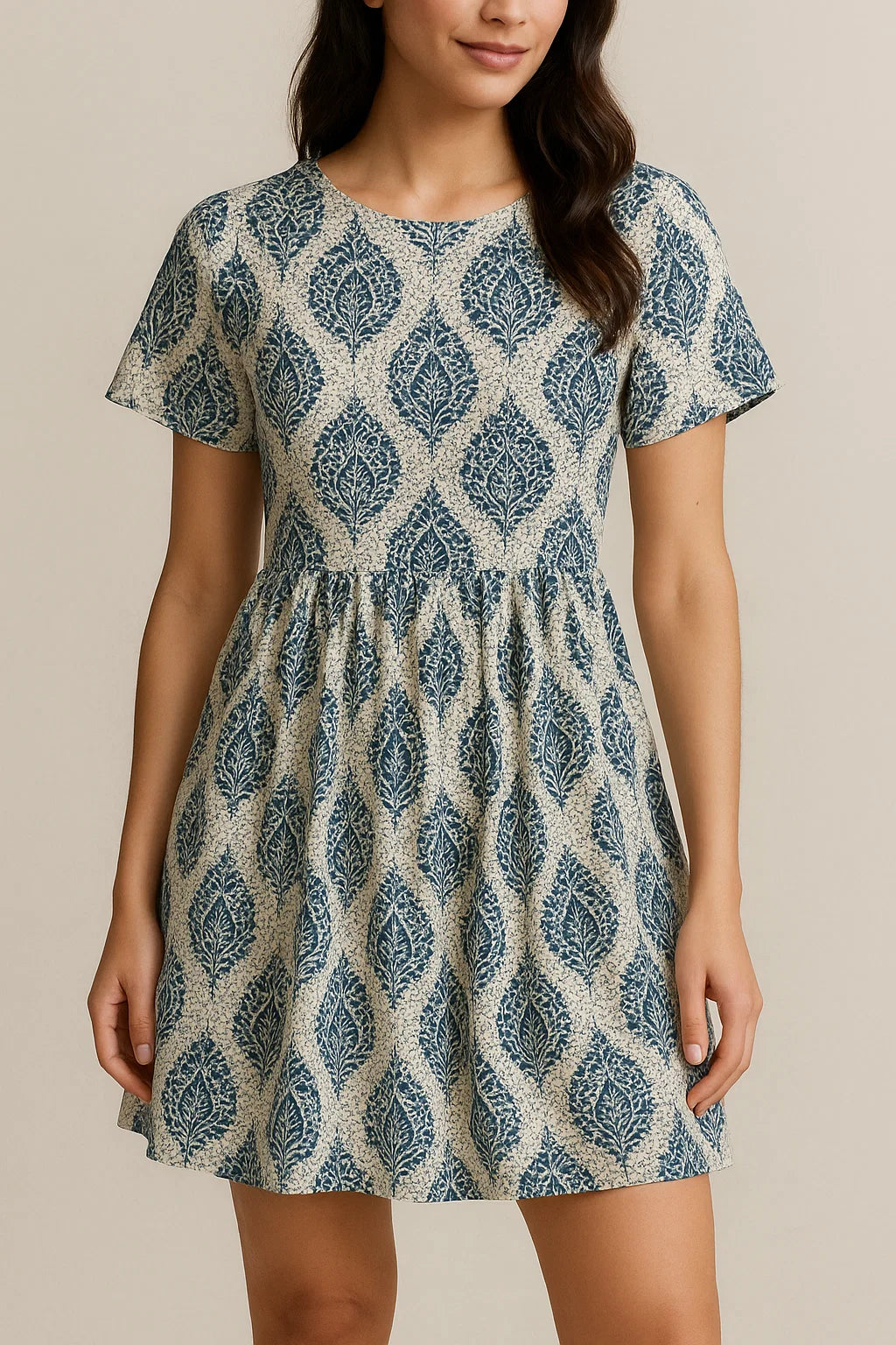 Aspen Blue Leaves Creamy Stone Digital Printed Fabric - Cotton