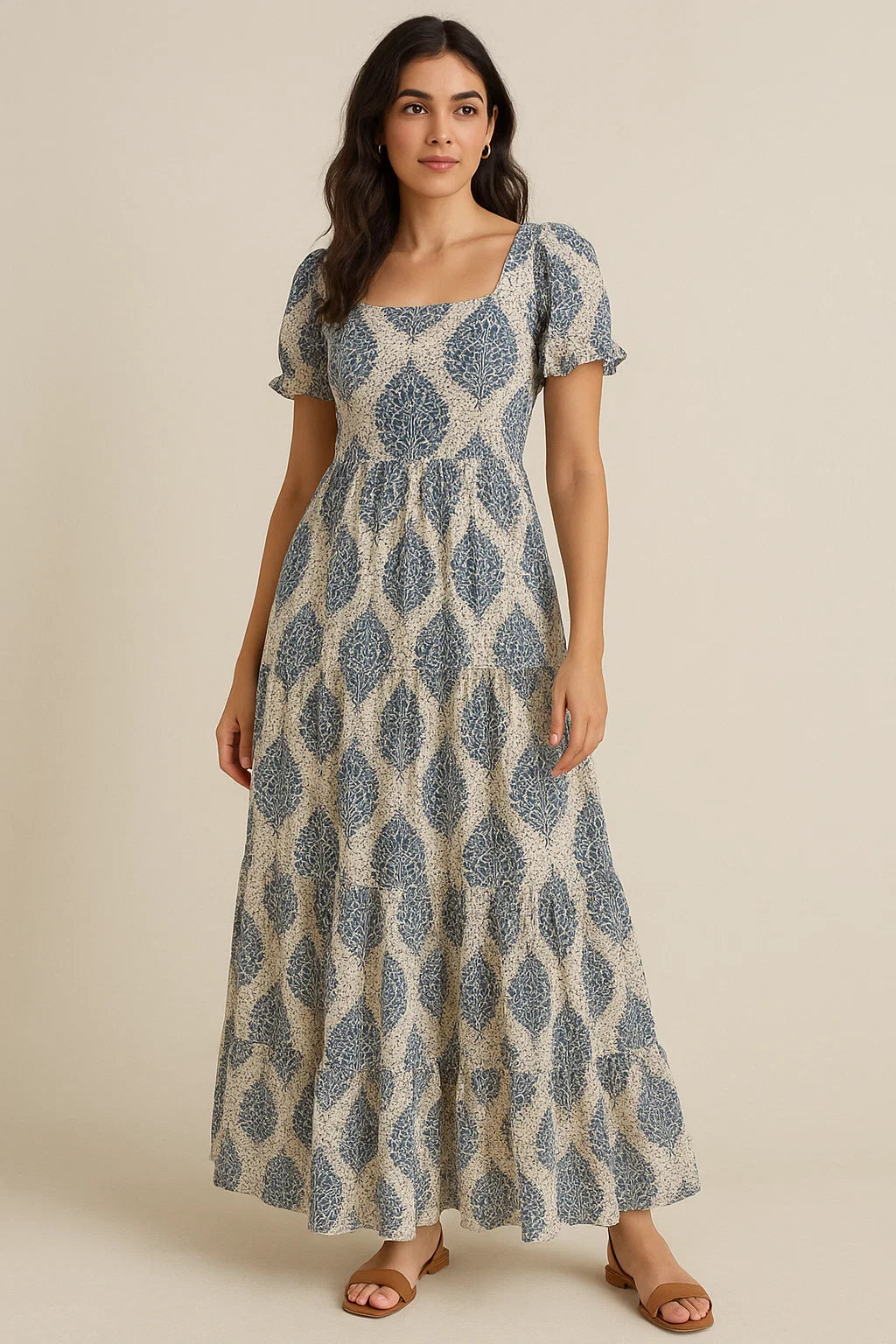 Aspen Blue Leaves Creamy Stone Digital Printed Fabric - Cotton