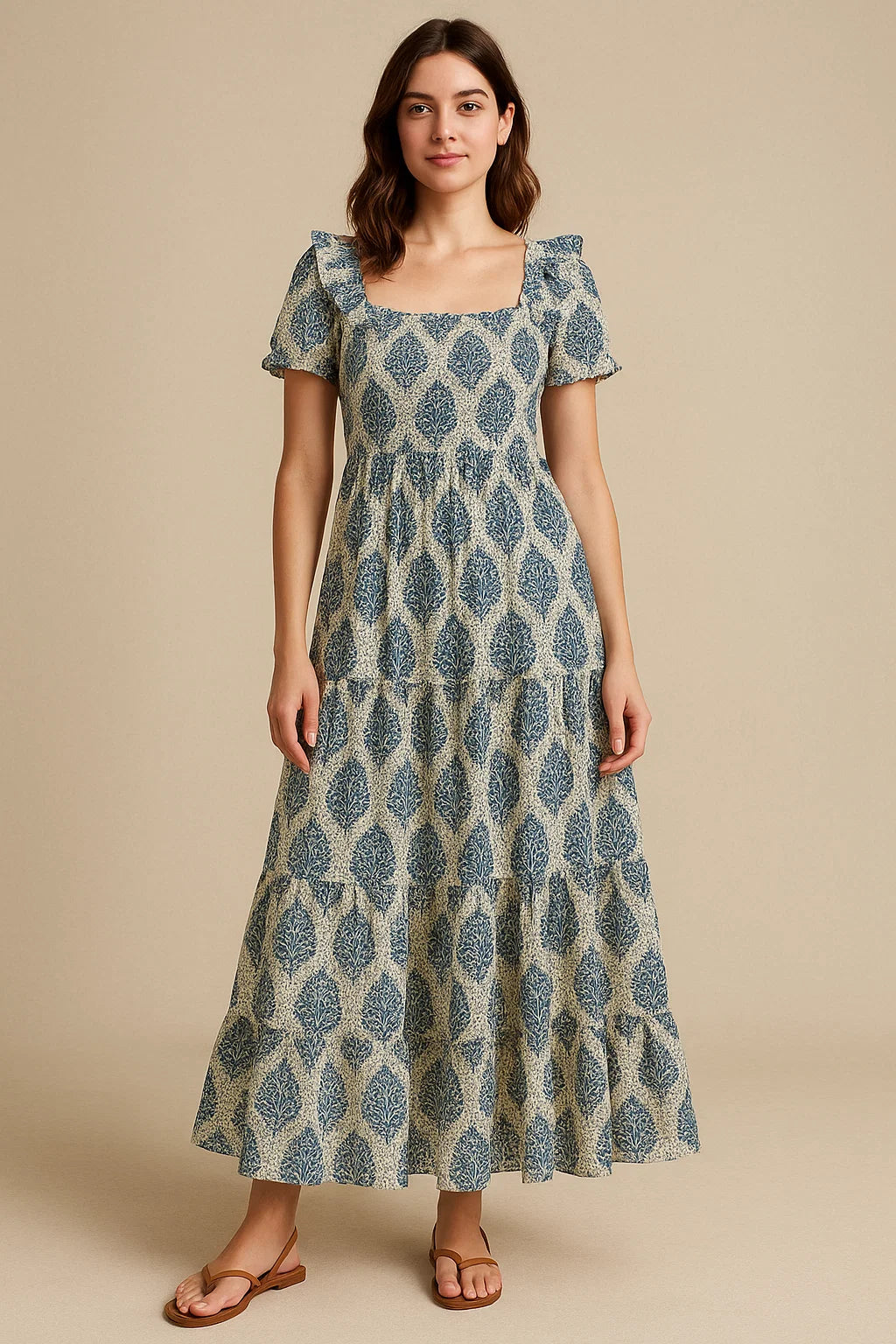 Aspen Blue Leaves Creamy Stone Digital Printed Fabric - Cotton