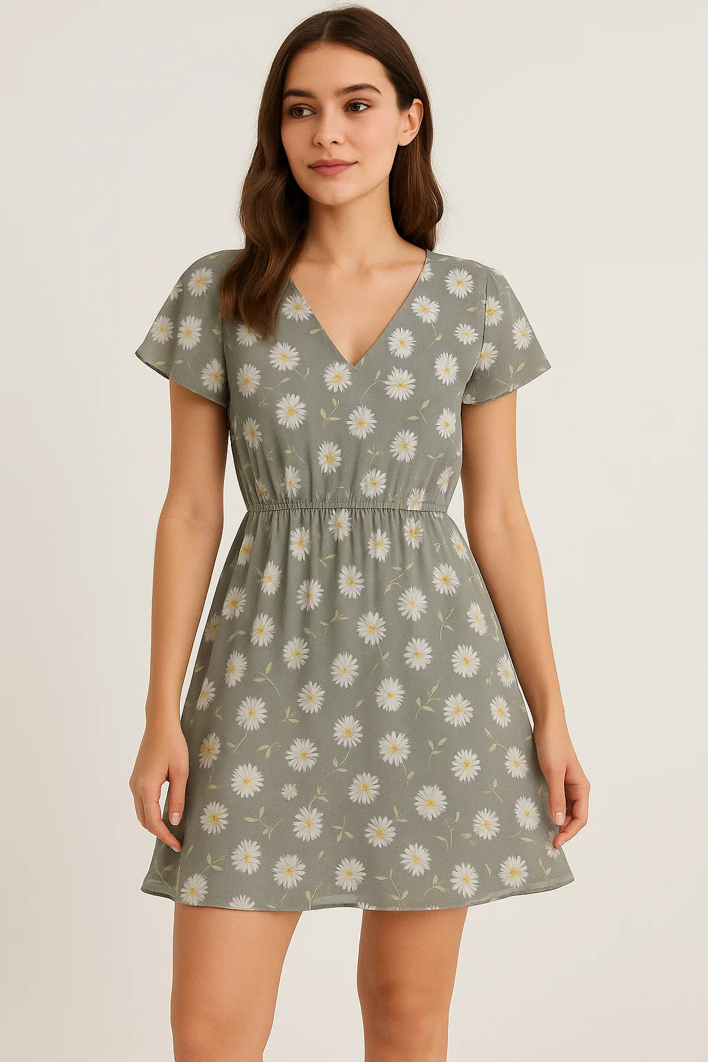 White Aster With Gray Background Digital Printed Fabric - Cotton