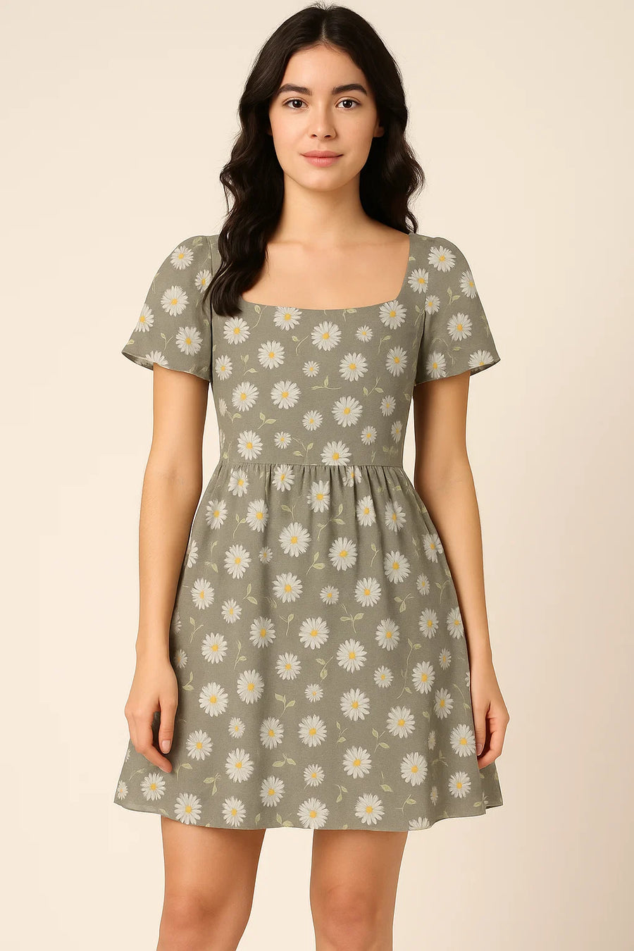 White Aster With Gray Background Digital Printed Fabric - Cotton