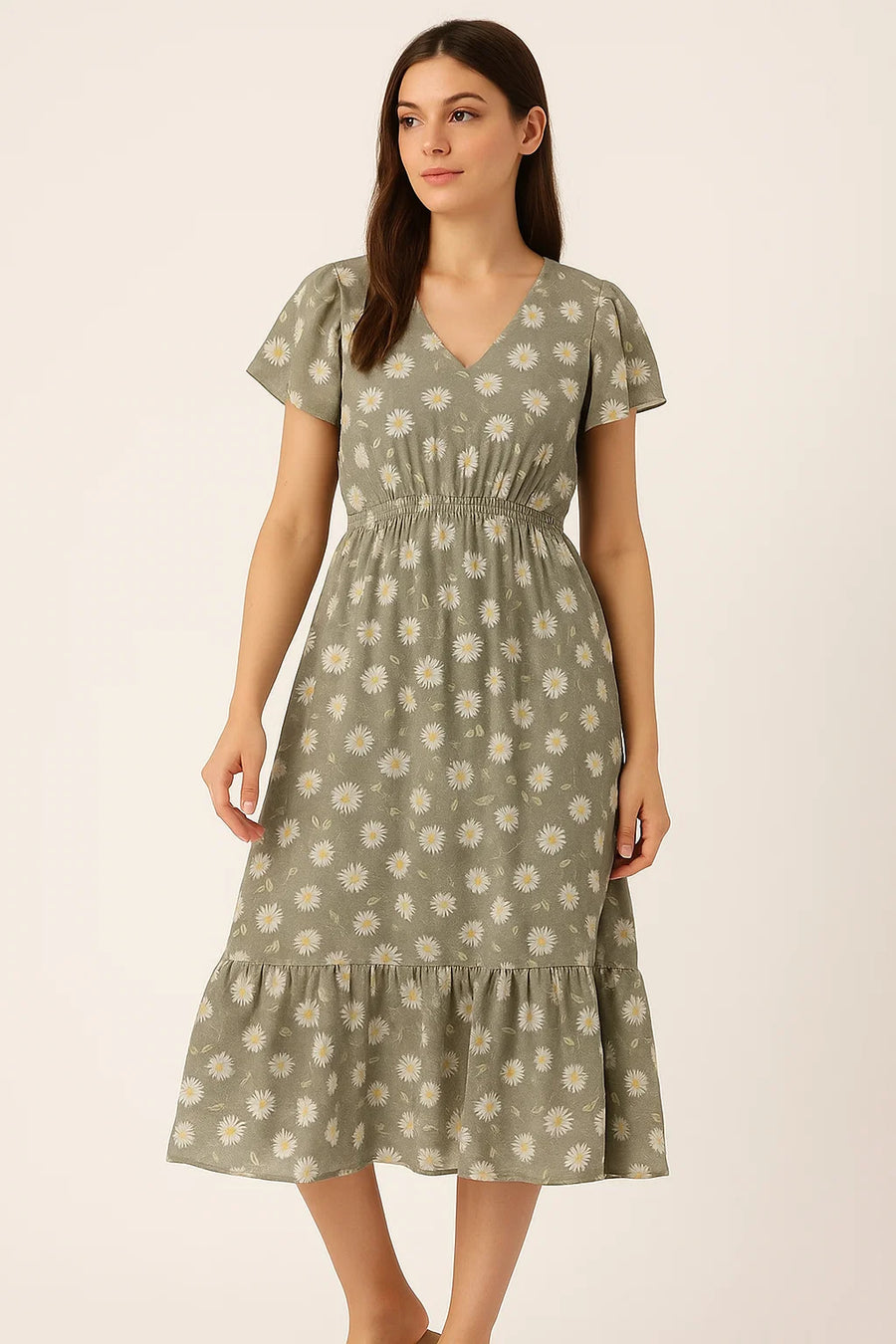 White Aster With Gray Background Digital Printed Fabric - Cotton