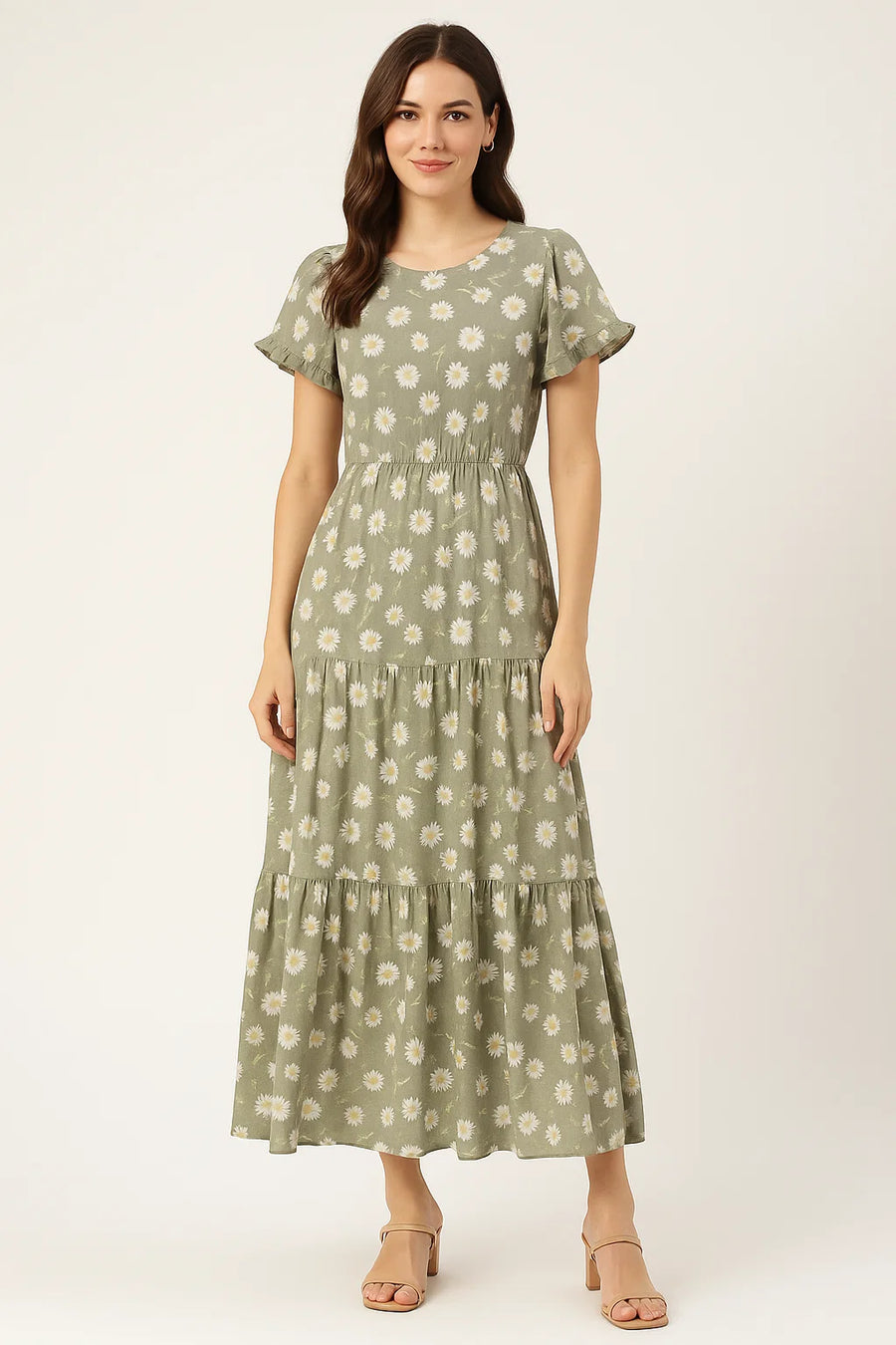 White Aster With Gray Background Digital Printed Fabric - Cotton