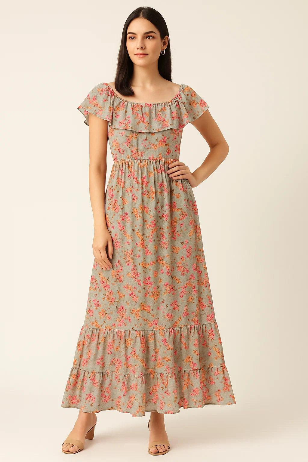 Beautiful Ditsy Gold Sand With Pot Pourri Colour Digital Printed Fabric - Cotton