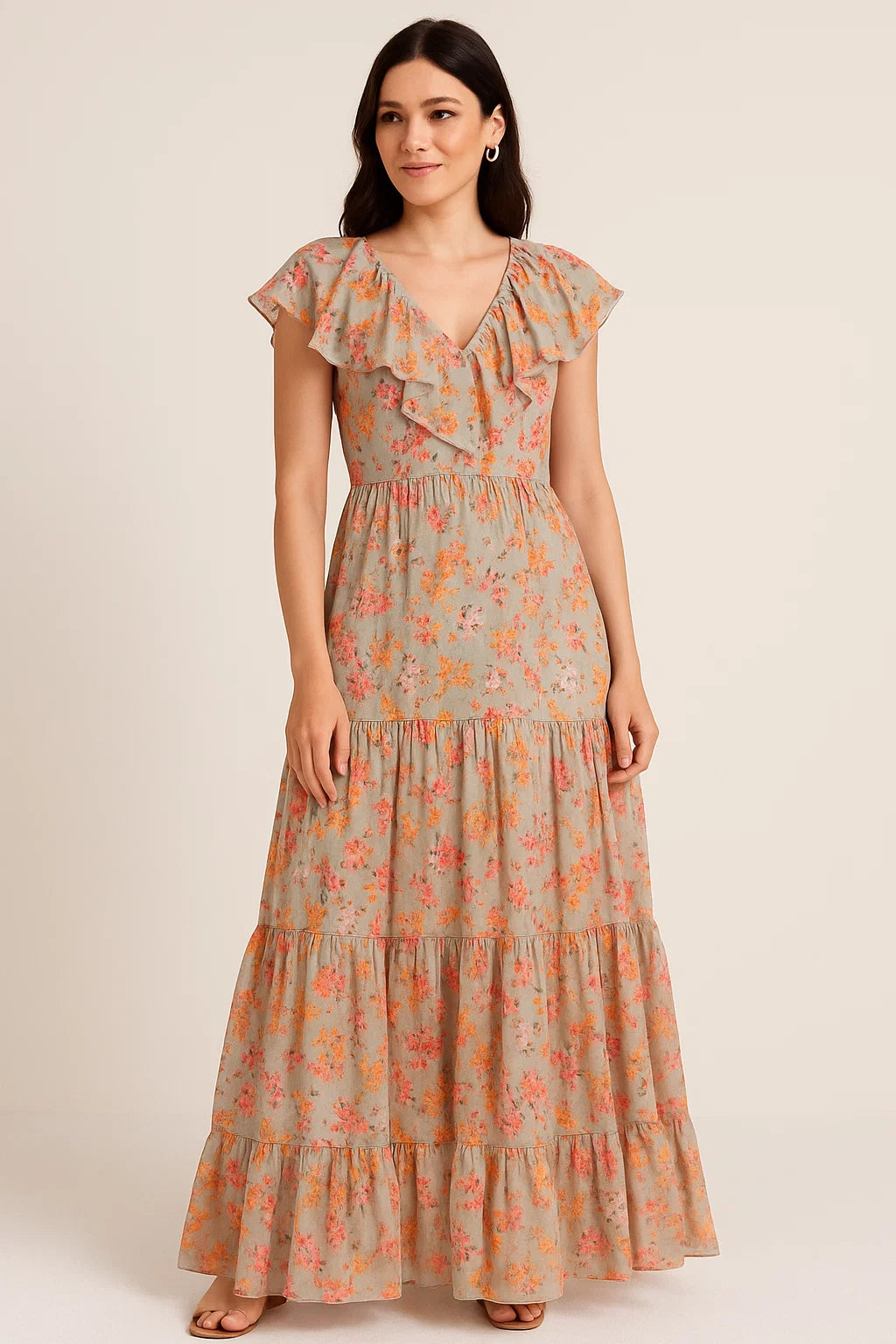 Beautiful Ditsy Gold Sand With Pot Pourri Colour Digital Printed Fabric - Cotton