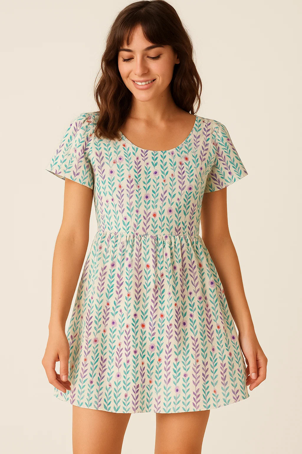 Tiny Multicolour Leaves With Tiny Flower Digital Printed Fabric - Cotton