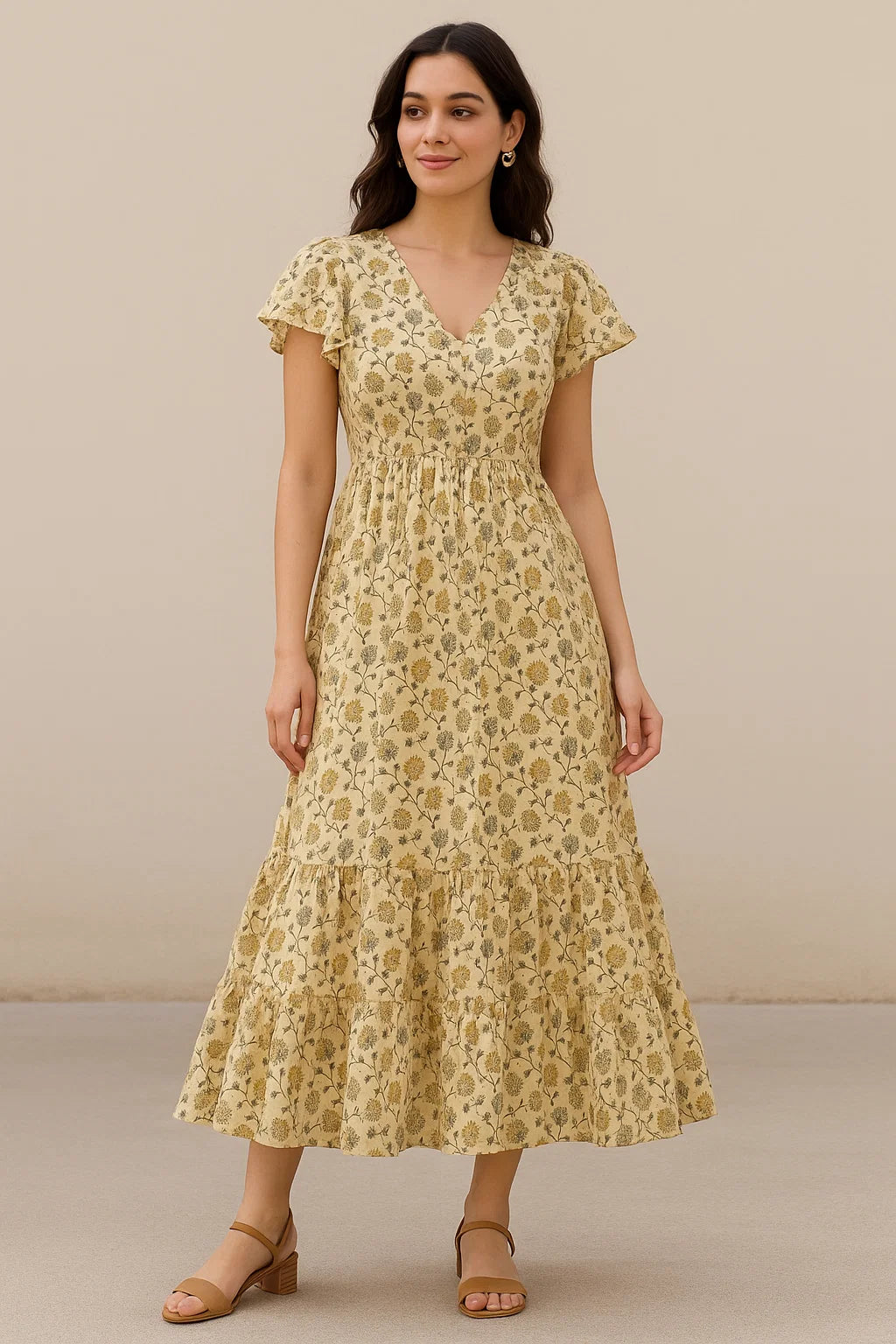 Lovely Chrysanthemum Golden With Hemlock Flower Digital Printed Fabric - Cotton