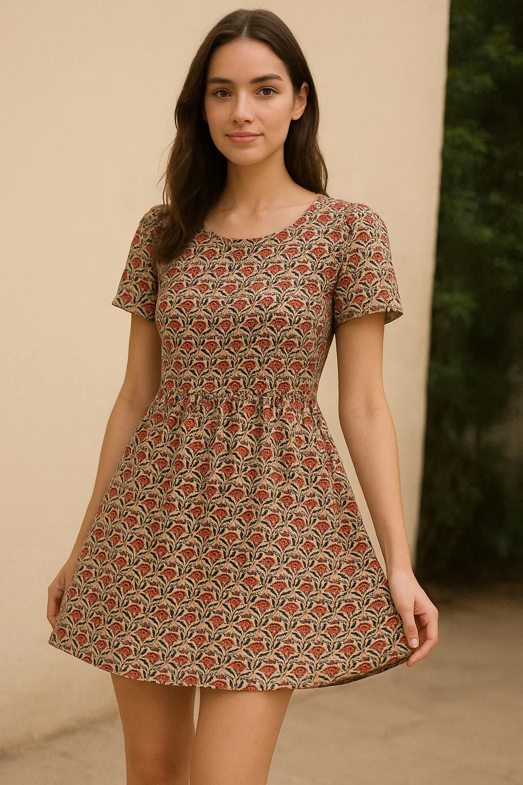 Seamless Opposite Red Flower Pattern Digital Printed Fabric - Cotton