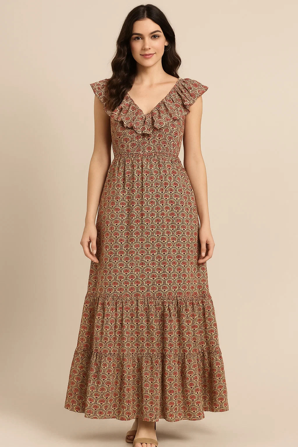 Seamless Opposite Red Flower Pattern Digital Printed Fabric - Cotton