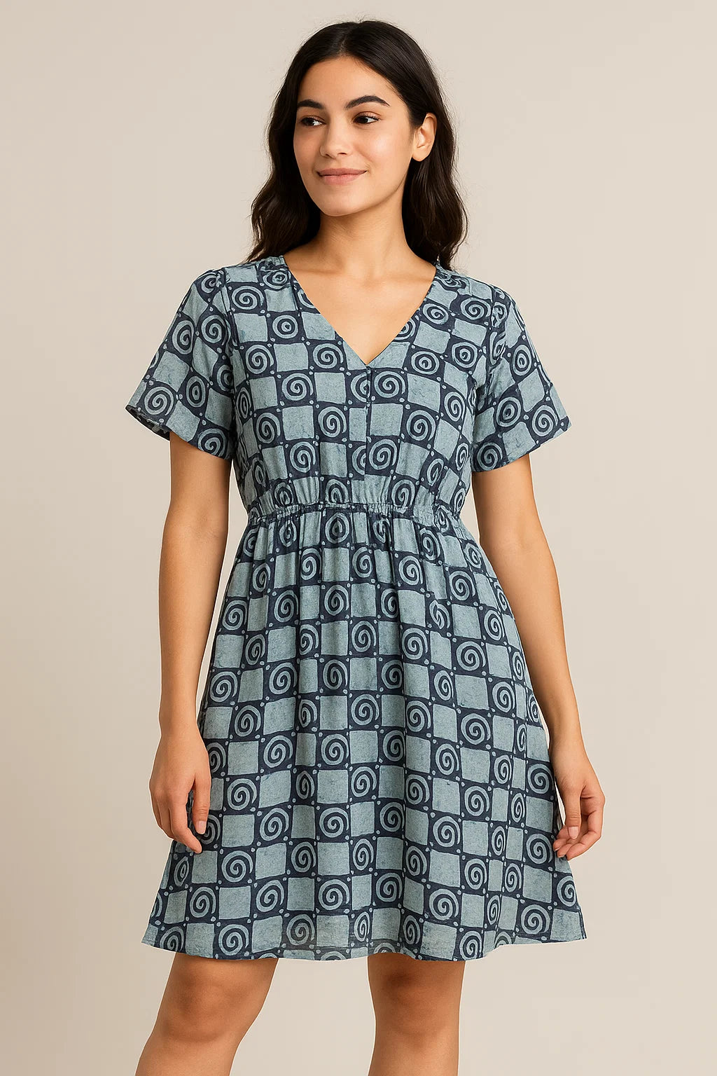 Classic Round With Checks Digital Printed Fabric - Cotton