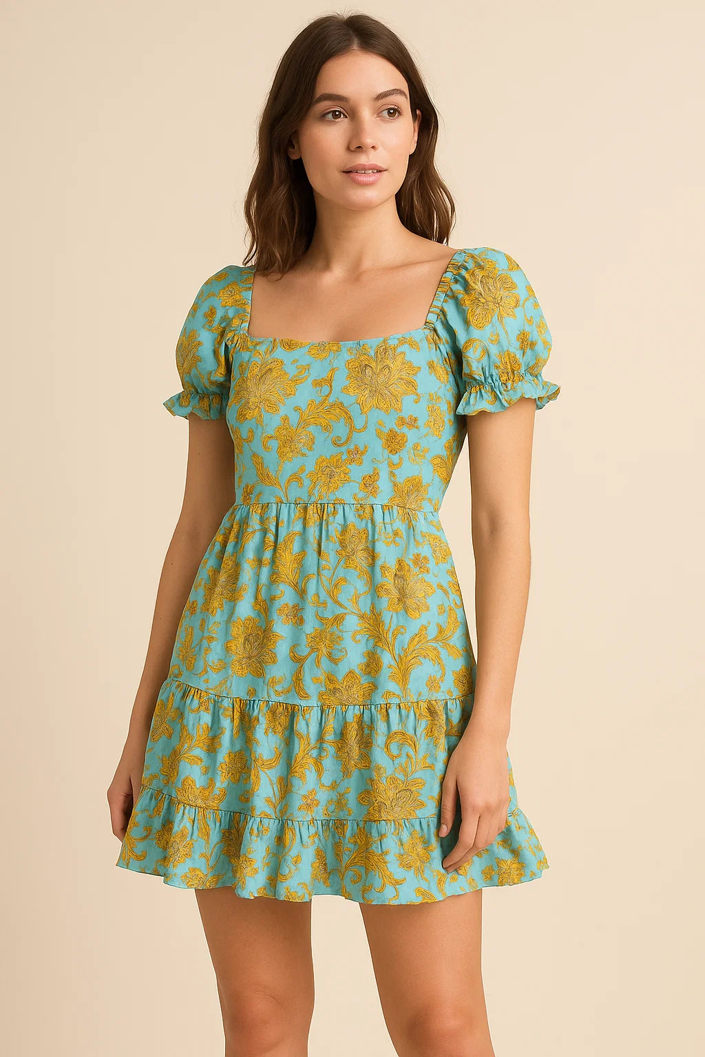 Royal Golden Flower Branch Digital Printed Fabric - Pure Cotton