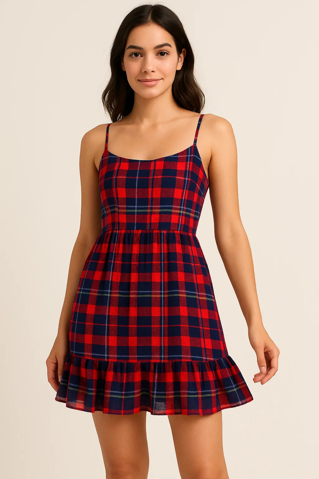 Gingham Pattern With Red And Blue Colour Digital Printed Fabric - Pure Cotton