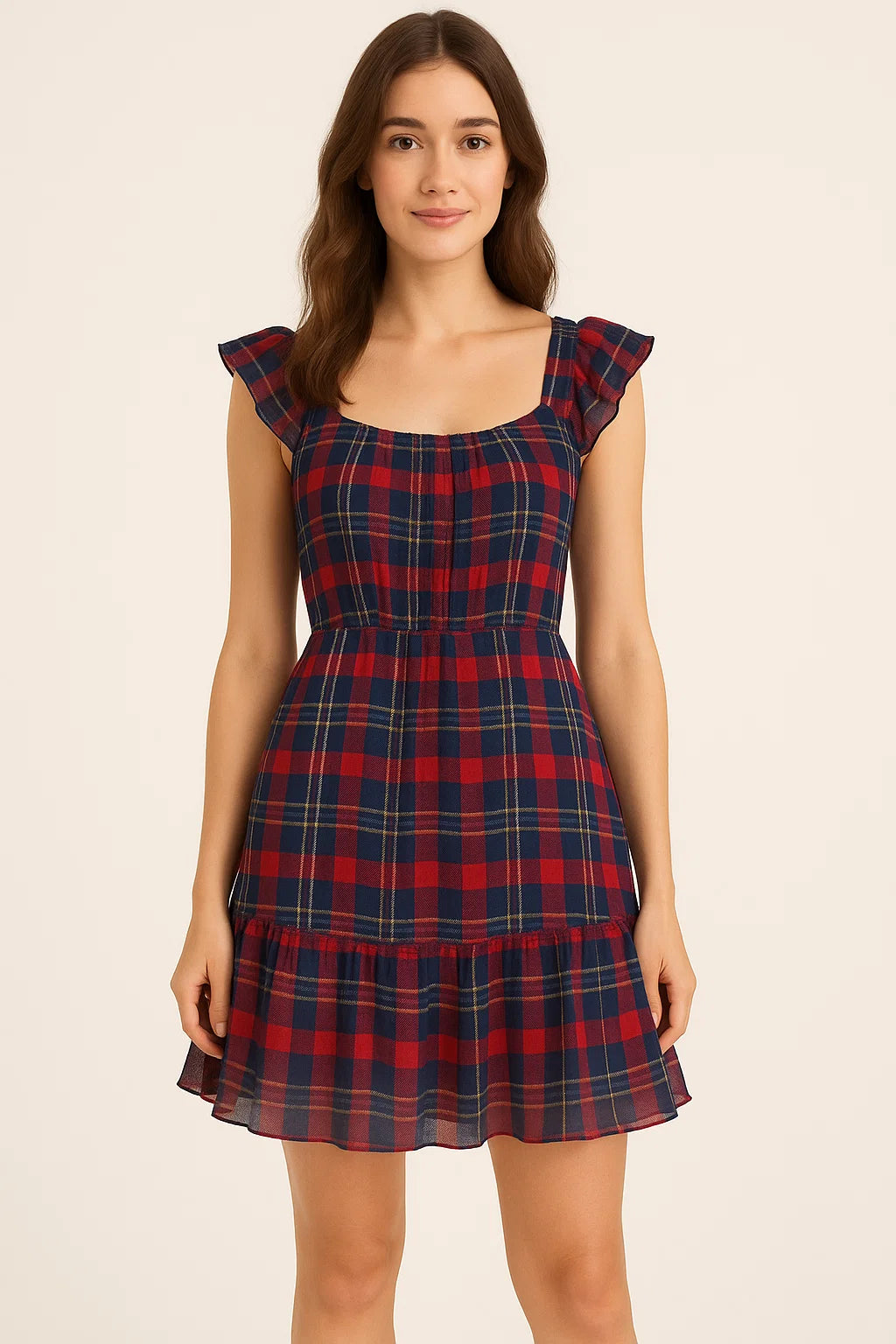 Gingham Pattern With Red And Blue Colour Digital Printed Fabric - Pure Cotton