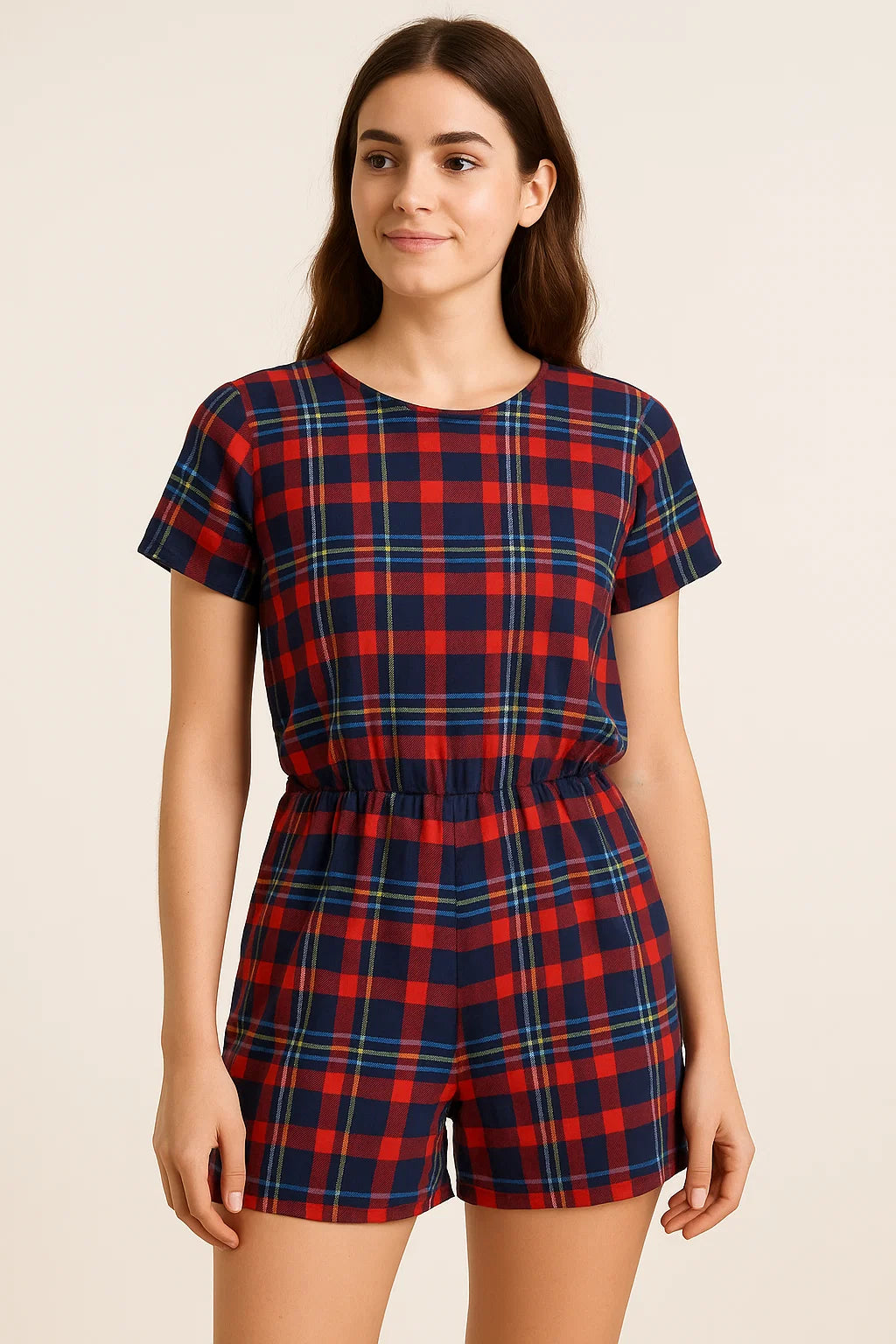 Gingham Pattern With Red And Blue Colour Digital Printed Fabric - Pure Cotton