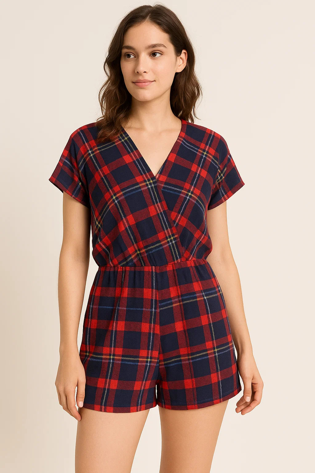 Gingham Pattern With Red And Blue Colour Digital Printed Fabric - Pure Cotton